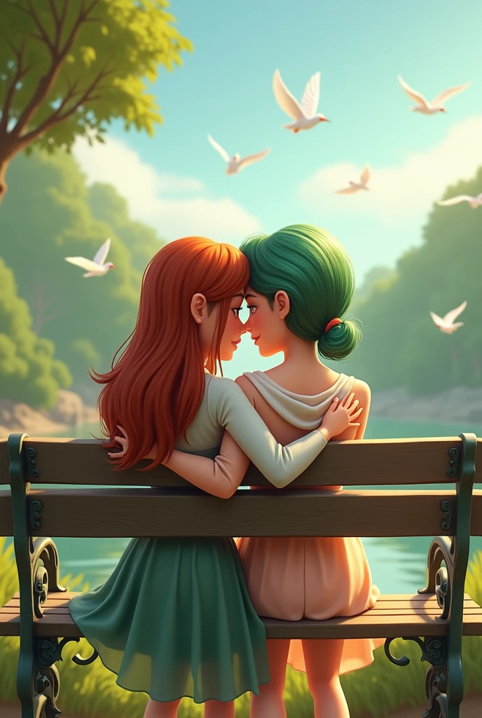 Rebecca Patricia Armstrong and Freen Sarocha with different hairstyles, sitting on a bench and Freen holding Rebecca in her arms with beautiful scenery in the background and birds flying in sims animation.