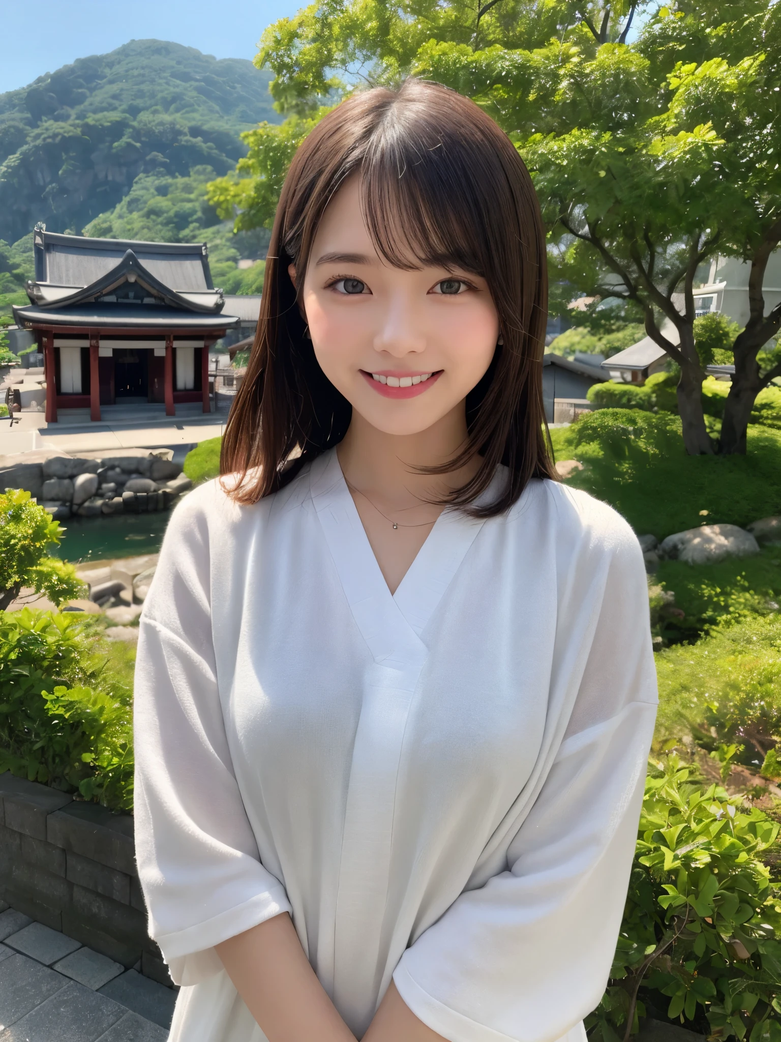 1girl, solo, highres, best_quality, masterpiece, detailed_background, intricate_details, beautiful, hiroshima, onomichi, senkoji_temple, hillside_view,modern casual fashional clothes, smile, looking_at_viewer, dynamic_pose, natural_pose, candid, happy