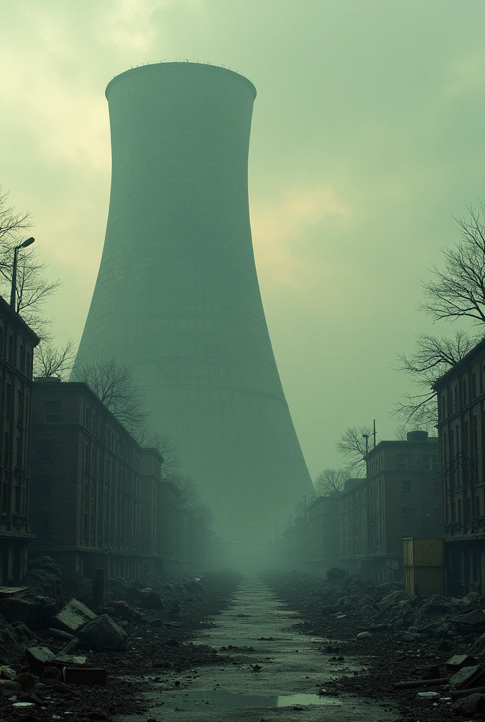 Photo of the destroyed city of Chernobyl with the destroyed rector in the background