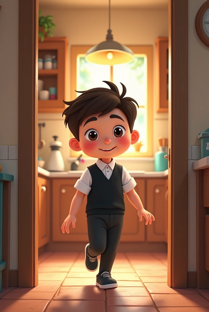 Cartoon boy with black uniform vest walking into the kitchen.