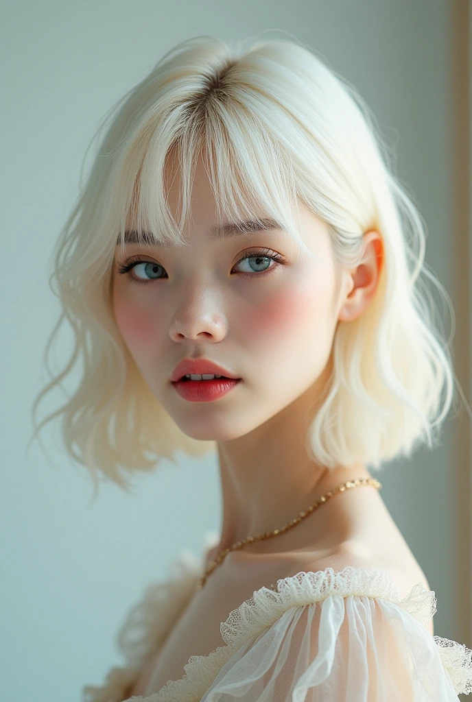 He is a man of delicate and feminine beauty, with an oval face with translucent and soft skin, slightly pinkish. Her thin, pink lips complement her sweet and gentle expression.. She has large blue-gray eyes and long, curved eyelashes that enhance her luminous gaze.. Her platinum blonde hair is straight and silky., hairstyle in a medium length with bangs that frame her forehead. With a slim figure of 1.72 meters and 60 kg, moves with grace and elegance, highlighting its delicate and harmonious nature.