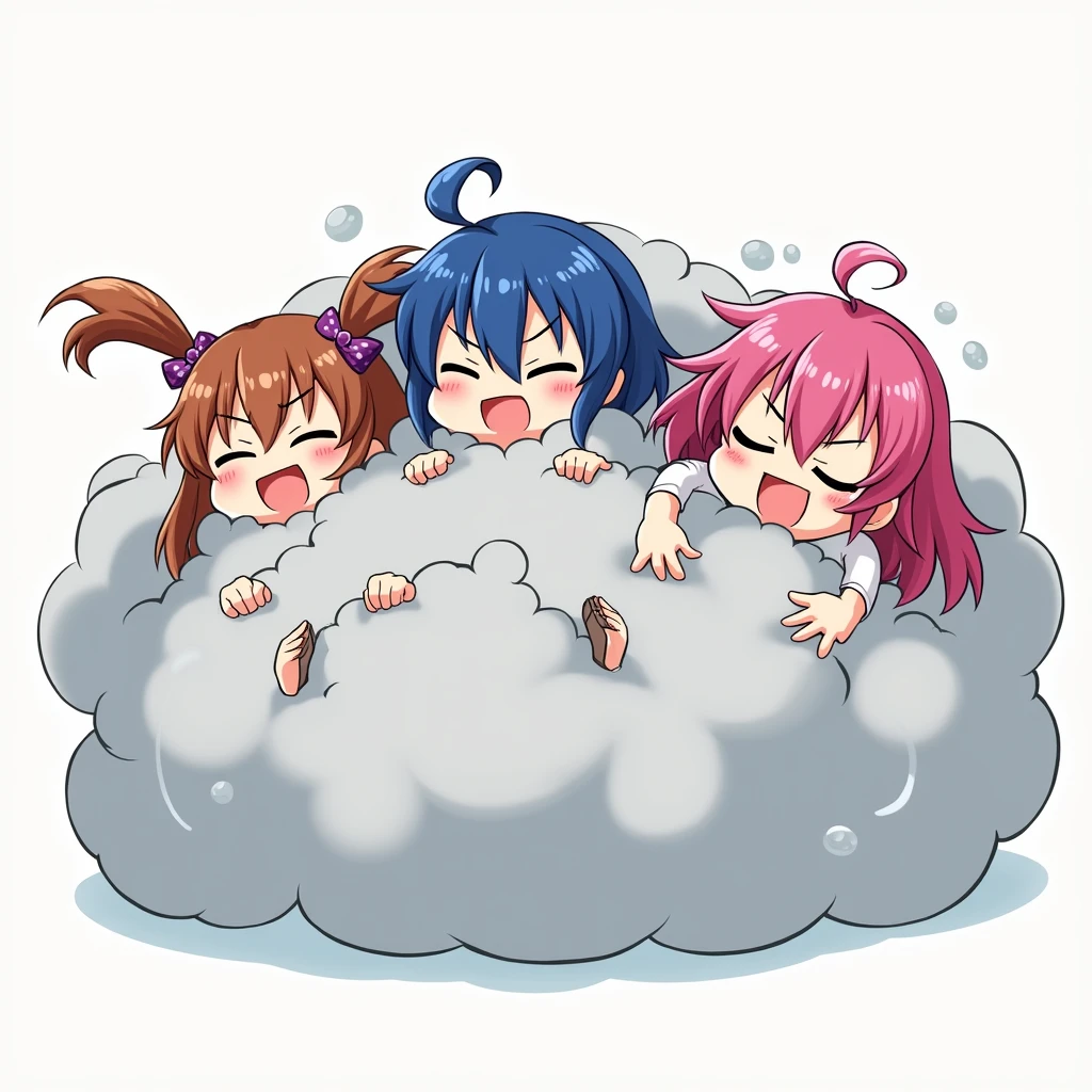 1girl with twin braids, 1 girl with blue hair, 1 girl with pink hair, girls fighting playfully in a fluffy exaggerated battle cloud, light gray comical battle cloud, visible faces, hands, and feet of the girls sticking out from the cloud, the rest of their bodies hidden in the cloud, humorous and energetic nature of their brawl, (best quality,4k,8k,highres,masterpiece:1.2),ultra-detailed,(realistic,photorealistic,photo-realistic:1.37),anime style illustration, vivid colors, dynamic composition