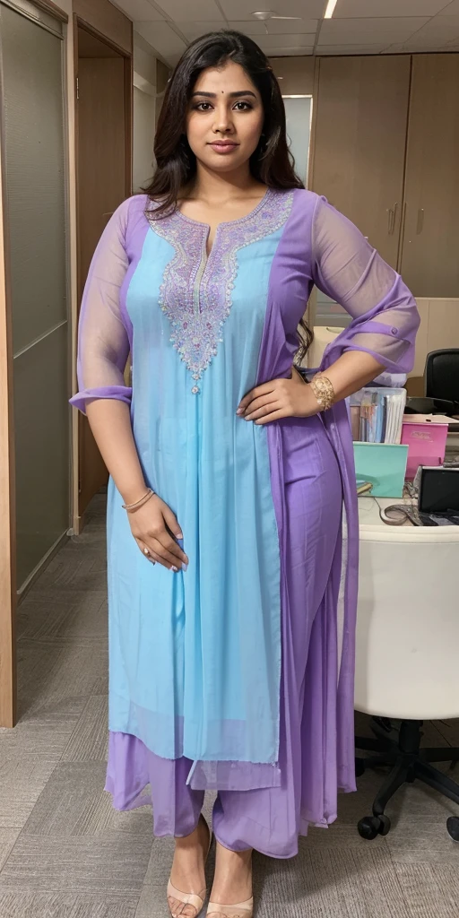 Day scene, A radiant, full-figured South Indian 3 aunty a light purple colour chiffon fully transparent kurta, bra visible through kurta, ,standing, in a office captured in a full-body image with vibrant hues and meticulous details. Full body image