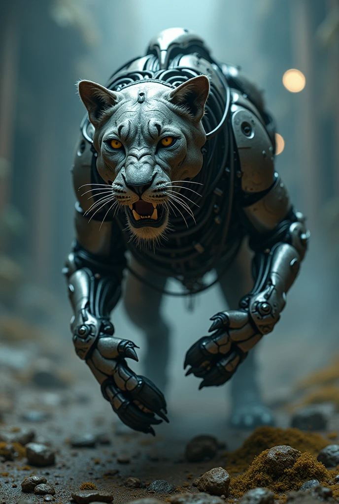 a dengerous woman attack in lion  made out of alian , (cyborg:1.1), ([tail | detailed wire]:1.3), (intricate details), hdr, (intricate details, hyperdetailed:1.2), cinematic shot, Vignette, centered 