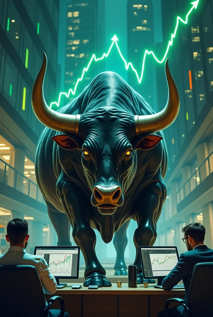 "Design an image featuring a strong bull symbol in the foreground, with upward-trending financial charts and green arrows representing market growth. The background should include a modern office setting with business professionals analyzing data on multiple screens."