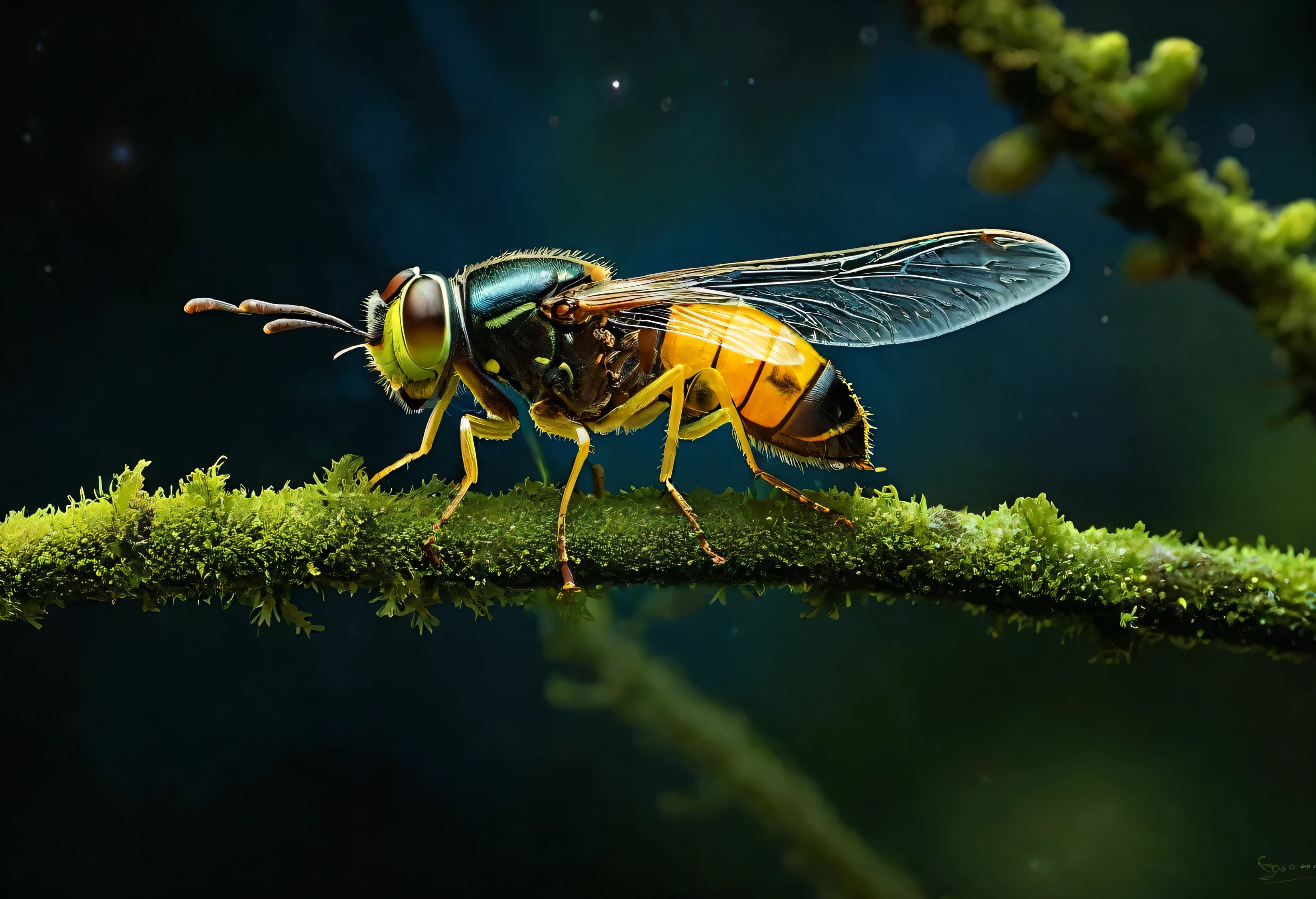 Generate an extremely detailed and hyper-realistic super close-up photo of a firefly perched on a tree branch at night. The firefly's body should be vividly illuminated, with its glowing abdomen emitting a soft, warm yellow-green light that gently illuminates the surrounding area. The delicate wings should be partially open, showing fine details and subtle reflections. The tree branch is textured, with rough bark and small bits of moss or lichen adding to the natural atmosphere. The background should be dark and slightly blurred, with hints of other fireflies faintly glowing in the distance, creating a mystical night scene. The overall composition should highlight the delicate beauty of the firefly, capturing the serene and magical essence of a quiet night in nature.