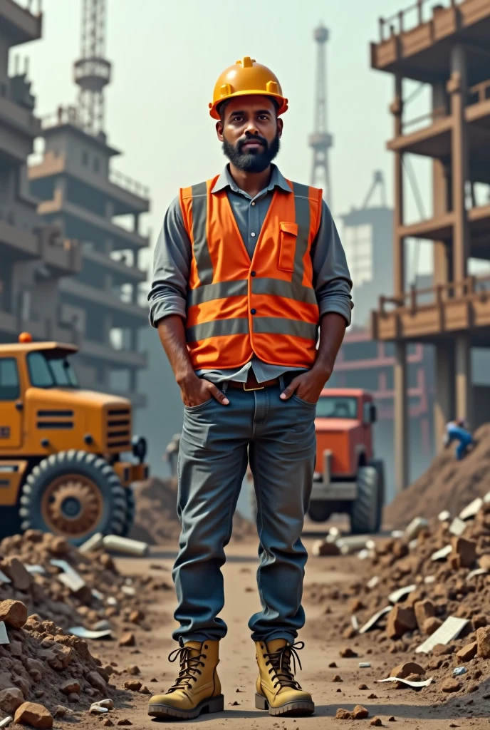 engineer Male, 26 years, Indian, fair colour height 175, weight 65, hairstyle indian with bread full image on construction site
