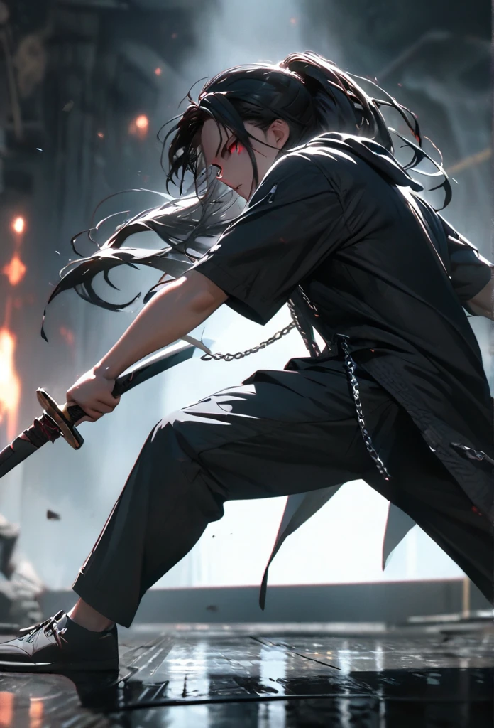 1 male, teacher, wearing black shirt, rolled up sleeves, black long pants, black hair, messy long hair, face to detail, detailed eyes, bright red eyes, hood, the background is space in china. In a fighting position. Silver chains everywhere. Holding a sword standing. attractive, eye reflection, depth of field, thunder aura, cinematic lighting, ray tracing, depth of field, cinematic lighting, ray tracing, UHD, high details, best quality, highres, high quality, award winning, super detail, masterpiece, 8k, UHD, high details, best quality, highres, high quality, award winning, super detail, masterpiece, 8k, digital art, anime coloring, full body, body shot, good face, perfect face, detailed face, good eyes, in a fighting position, holding a sword.