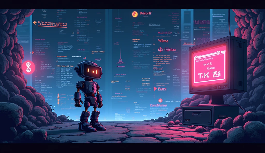 game pixel background with robot, computer, ++ in pac-man’s mouth, javascript, python, html and text TiK26 with T and K capitalize