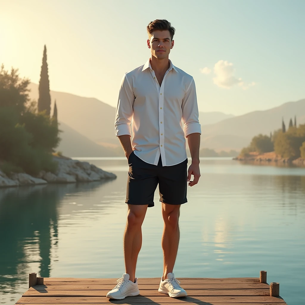 makes image of a white man, aged 36, model type, with short dark hair, with clear eyes, wearing white shirt, Black shorts, tennis, on top of a pier on a lake in Alentejo, at sunrise.