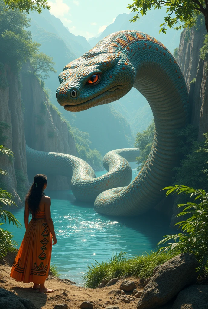 A huge snake appeared in a large river,Wearing different bright triangle patterns,An indigenous woman wearing a triangle dress saw it