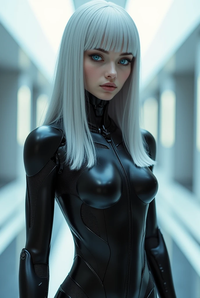 An android with a human appearance, black synthetic skin and straight silver hair. His eyes are a deep blue and have a slight glow., while her body is slender and elegant, with visible joints and components that highlight its robotic nature. Wears minimalist futuristic clothes that highlight its design.