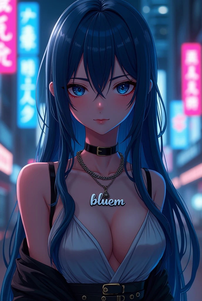 Generate an image of Aerial photography, Fluorescent light, Night view, Aerial photography, Fashion photography, Dreamy effect. with a necklace "BLUEM".In the style of mafia look girl, long navy blue hair make the necklace big and readable. Make it 3d realistic anime girl. The same image but make the necklace readable with my name