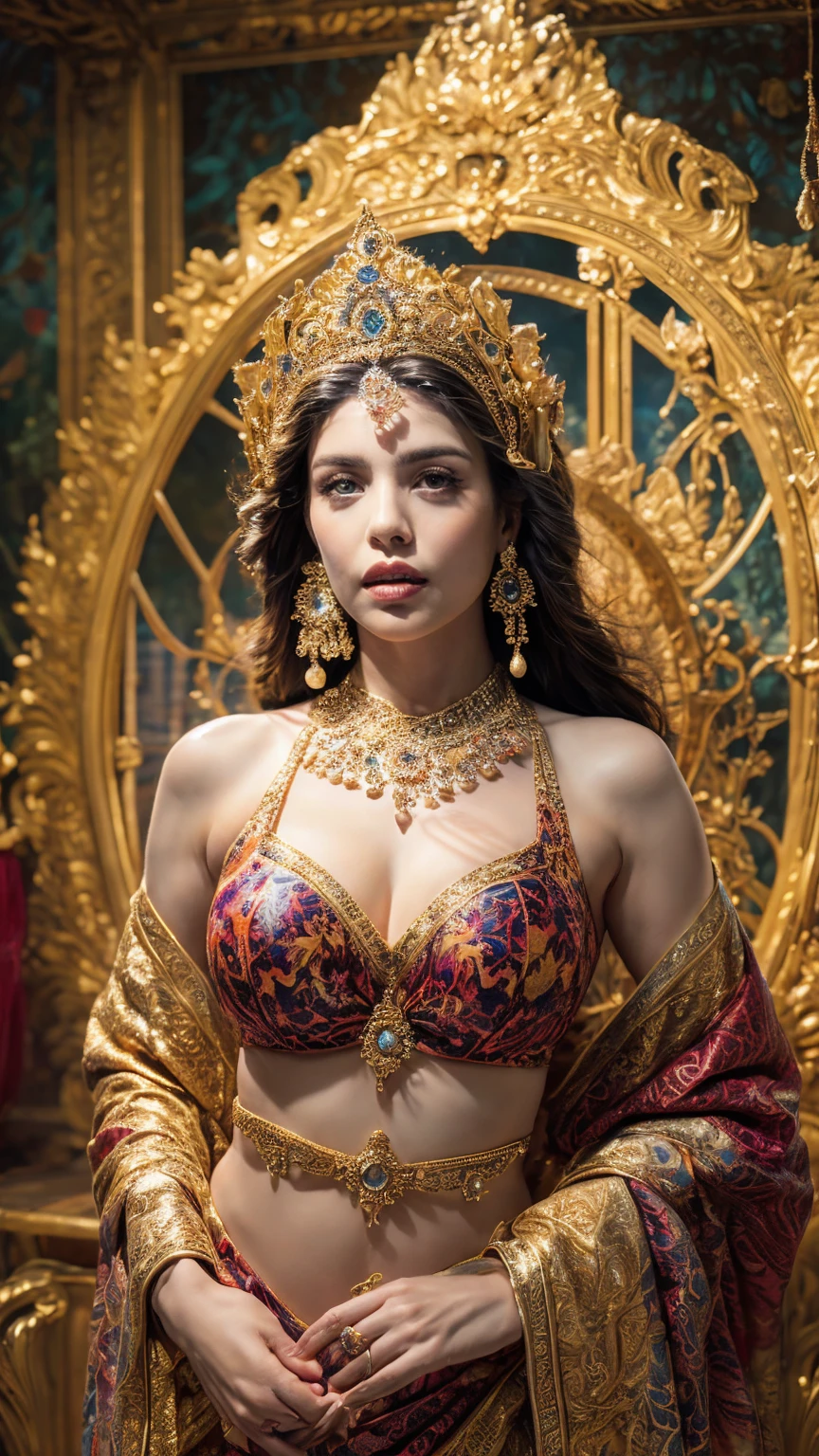 ((Best quality, 8k, Masterpiece :1.3)), Sharp focus :1.2, Generate a realistic image of a beautiful sexy Indian woman plus size body: 8.5 (masterpiece like a princess) (body like divine girl) dressed divine clothes carnation skirt and print bra+ belt, adorned with traditional ornaments, standing in a well-lit room with cinematic lighting. ((Front view, random elegant pose)), and there is a sense of grace and elegance in her posture. The background should complement the scene, enhancing the overall aesthetic appeal of the image. Photography by Brandon Woelfel, Full shot: Canon EF 16-35mm f/2.8L III USM lens on a Canon EOS 9D Mark IV camera 128bit, ultra realistic, 32k, HD