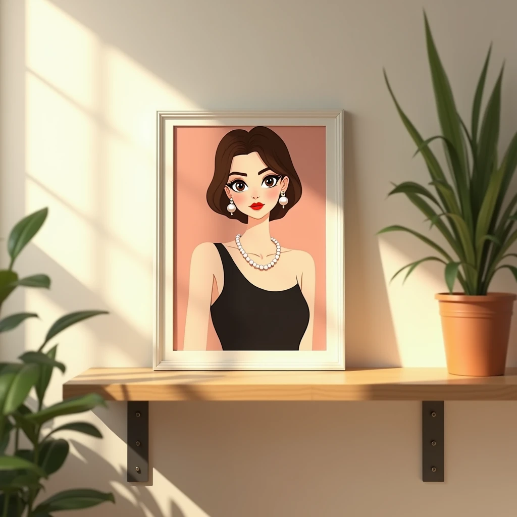 A bright room with a wooden shelf holding a portrait painting in a white frame. The painting shows a stylized woman with large eyes, short brown hair, pearl earrings, and a black dress with a pearl necklace. Sunlight filters in through a nearby window, casting soft shadows and highlights across the scene. The setting feels warm and natural, with soft-focus plants slightly visible in the foreground, creating a cozy and elegant atmosphere