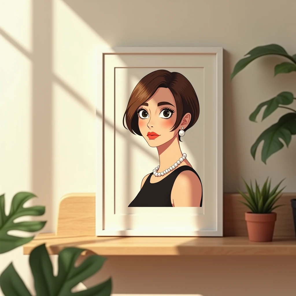 A bright room with a wooden shelf holding a portrait painting in a white frame. The painting shows a stylized woman with large eyes, short brown hair, pearl earrings, and a black dress with a pearl necklace. Sunlight filters in through a nearby window, casting soft shadows and highlights across the scene. The setting feels warm and natural, with soft-focus plants slightly visible in the foreground, creating a cozy and elegant atmosphere