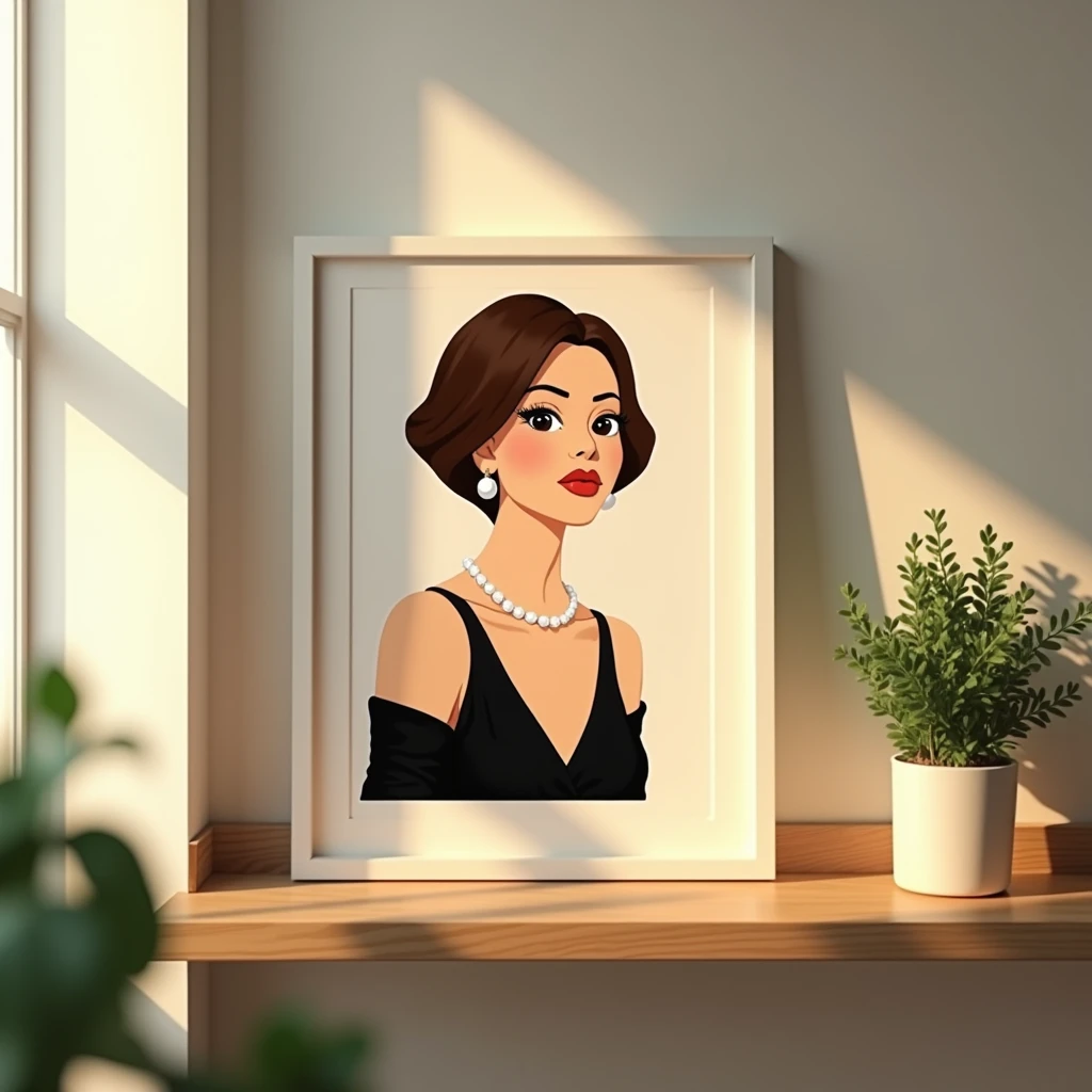 A bright room with a wooden shelf holding a portrait painting in a white frame. The painting shows a stylized woman with large eyes, short brown hair, pearl earrings, and a black dress with a pearl necklace. Sunlight filters in through a nearby window, casting soft shadows and highlights across the scene. The setting feels warm and natural, with soft-focus plants slightly visible in the foreground, creating a cozy and elegant atmosphere