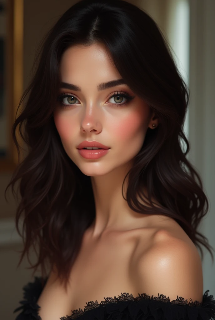 Brunette, black hair, black eyebrow, thin face, thin nose, luscious mouth, light fausette, half-long hair,Beautiful, quality