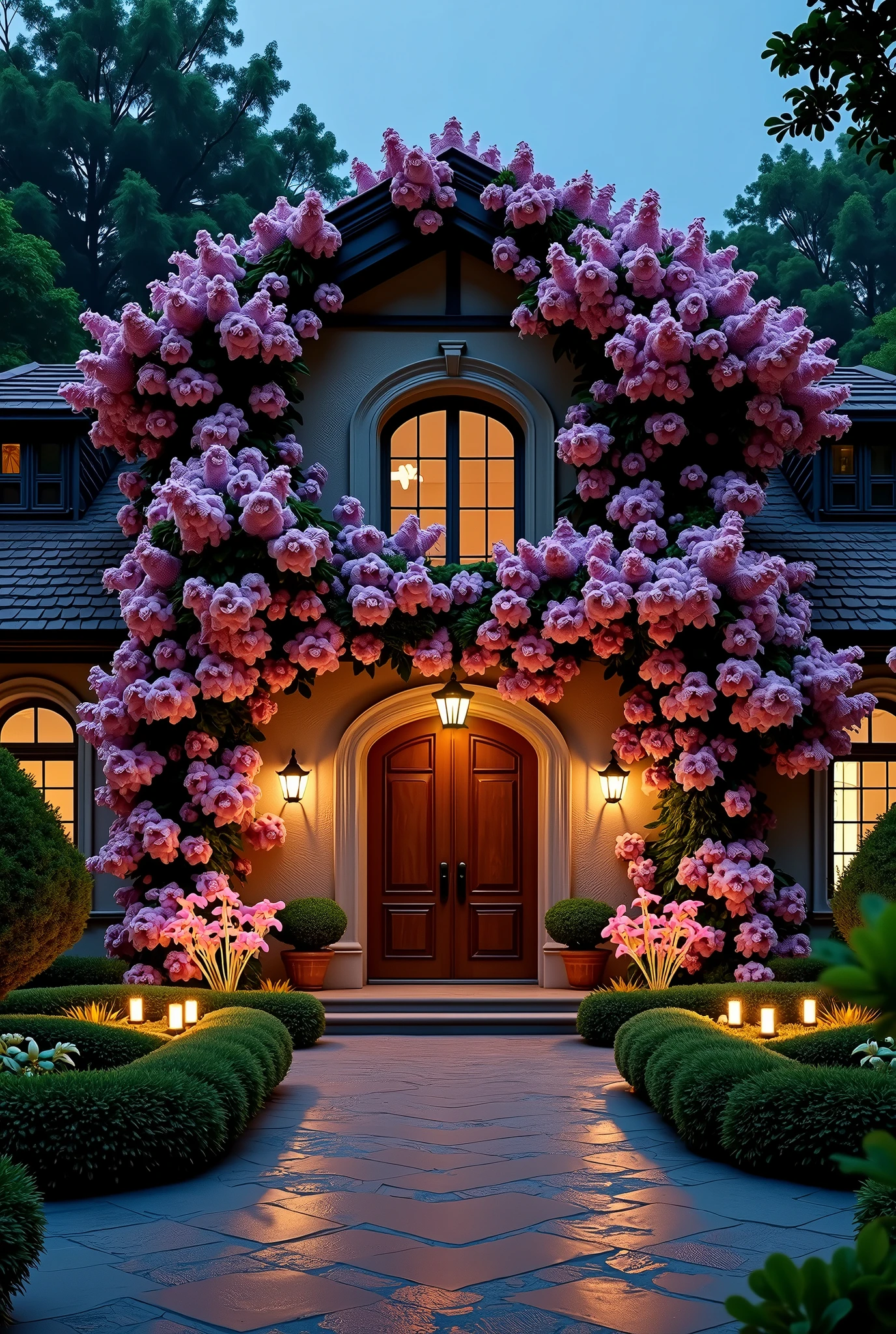 high resolution、8k、Stylish house entrance、Surrounded by flowers、night、Outdoor lighting、Many flowers bloom on the exterior walls、