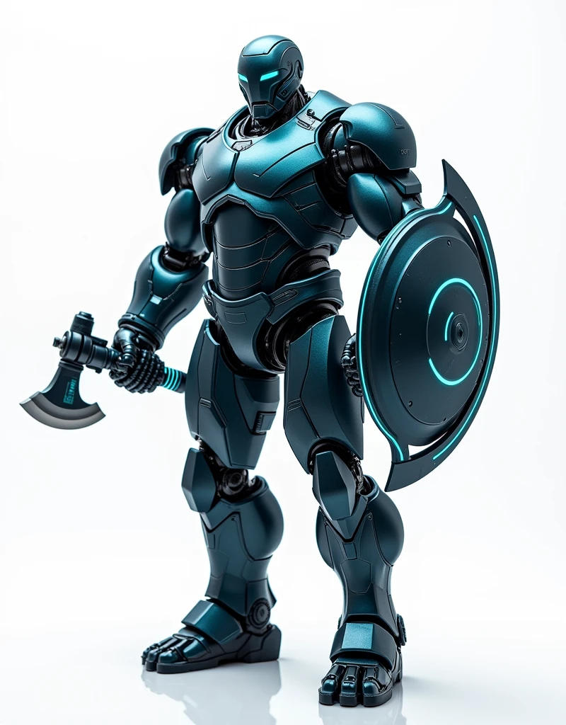 Generate a concept in AI，AI，Half Body，Mecha like Marvel's Hulk full color shine dark petrol blue in the rust armor, cyberpunk hi tech helmet, Technology，Surreal, laser axe light stawars lightsaber in right hand, and transparent laser shield with light borders, in left hand, white background