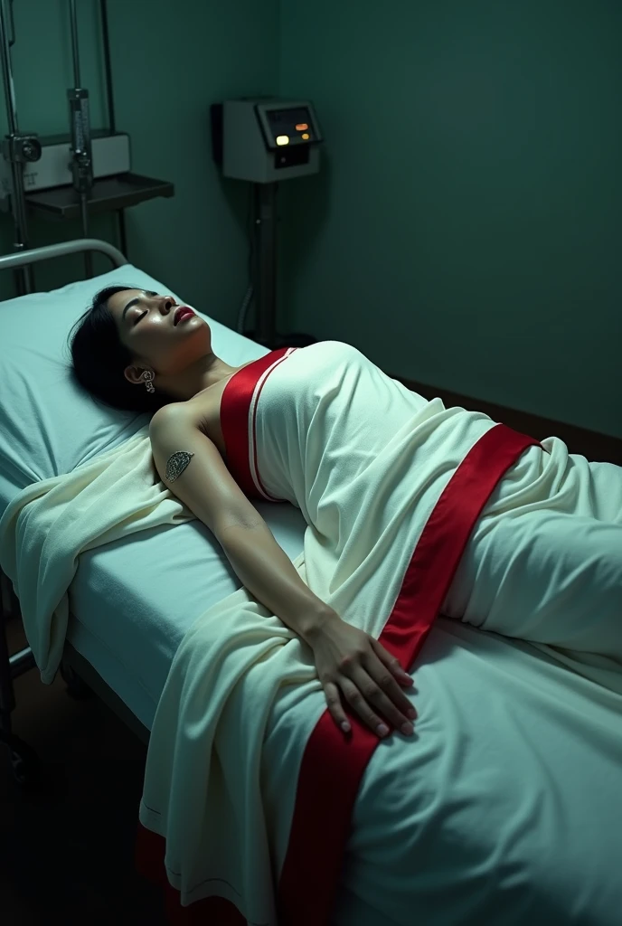 A beautiful girl in white salwar kamiz dead body laying down in a morgue bed 4k realistic full body displayed