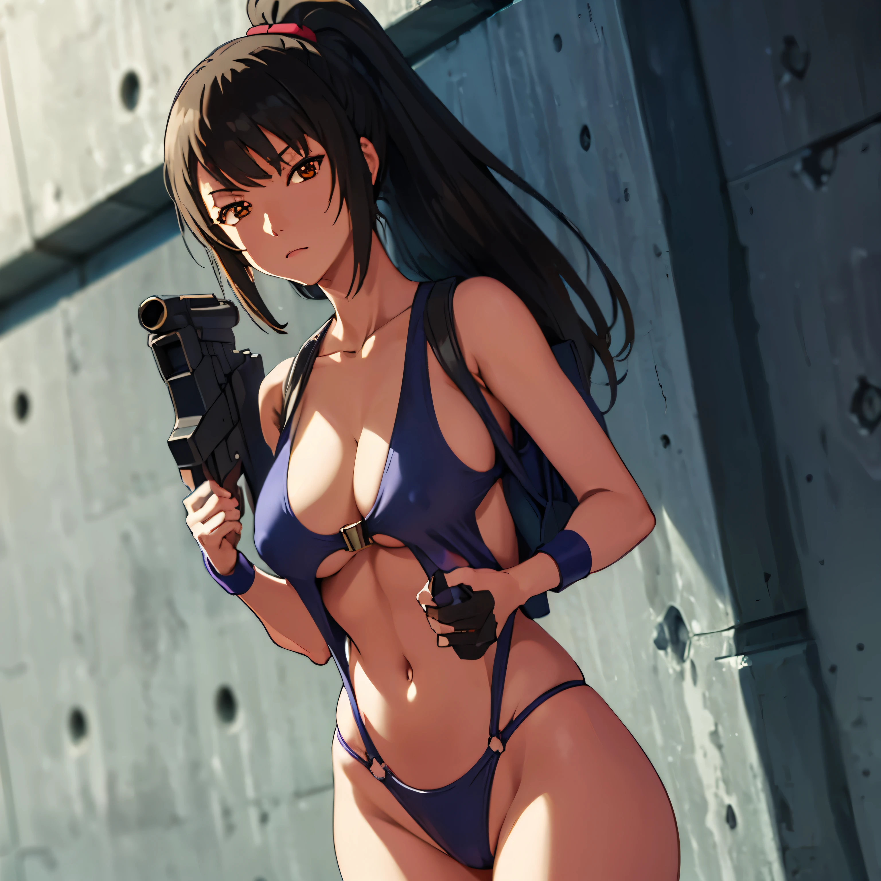 Imperial Guard Combat Uniform Swimsuit, o-ring bikini, v gundam, swimsuit, absurdres, highres, solo, cowboy shot, 1girl, neneka nibrou \(cosplay\), wristband, headphone, holster, backpack, holding gun, aiming, perfect hands, wind, (highres,best_quality,masterpiece), large breast, huge breast, sae chabashira, long hair, (black hair:1.5), hair ornament, (brown eyes:1.3), ponytail, hairclip, mature, (((looking from below, view from below, from below))), (((shady face)))