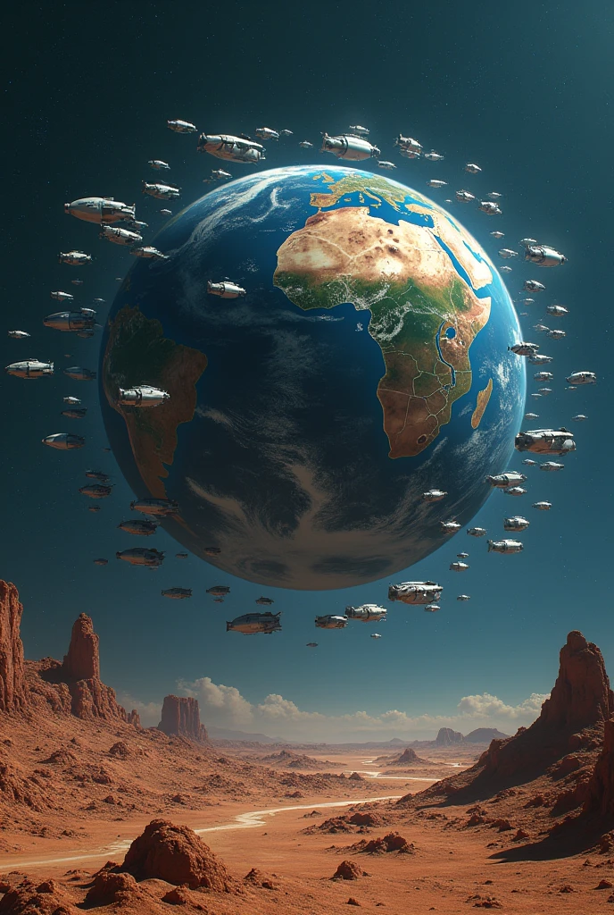 Earth without water with a lot of spacecrafts out of it