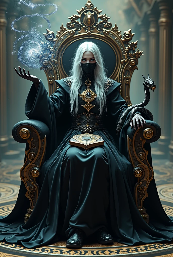 Surreal Very detailed Ultra Fantasy Ultimate Details Ultra-high resolution 8K 32k 3D Clear Eyes Silver髪 左手から青い暗blackエネルギーを発生させる mechanical engineering Mechanic Art . intricate and elaborate design, money, Silver black Dynamic pose Robotics Cinema Lighting Satanic spell Sit on a chair In his right hand he holds a jeweled wand of beautiful and unique design. priest Magic circle design 漆blackのゴージャスなローブ Transparent face veil A geometric book on her lap Snakes coiling around hands Red gem amulet Large dragon emblem on chest