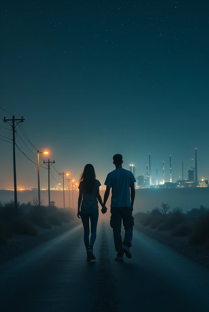 Desert factory road in the night, one side factories and city other side desert with bushes, starry night, couple walking holding each others hand, light foggy, sodium street light, mystic feel, lone road, beautiful girl- hight 5'2" weight 50 kg wearing jeans and tops, man 5'7" weight 85 kg with silky straight hair, wearing cargo pant and t-shirt