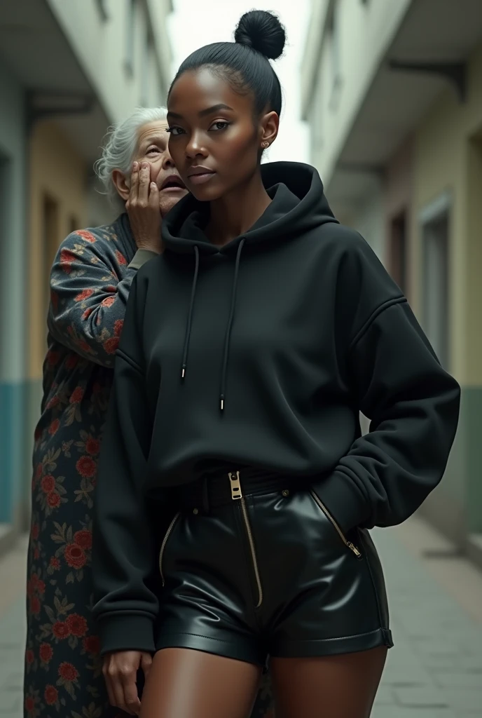 black woman hair in a bun black hoodie black leather short shorts a old grandma in a dress on her knees kissing her ass behind her