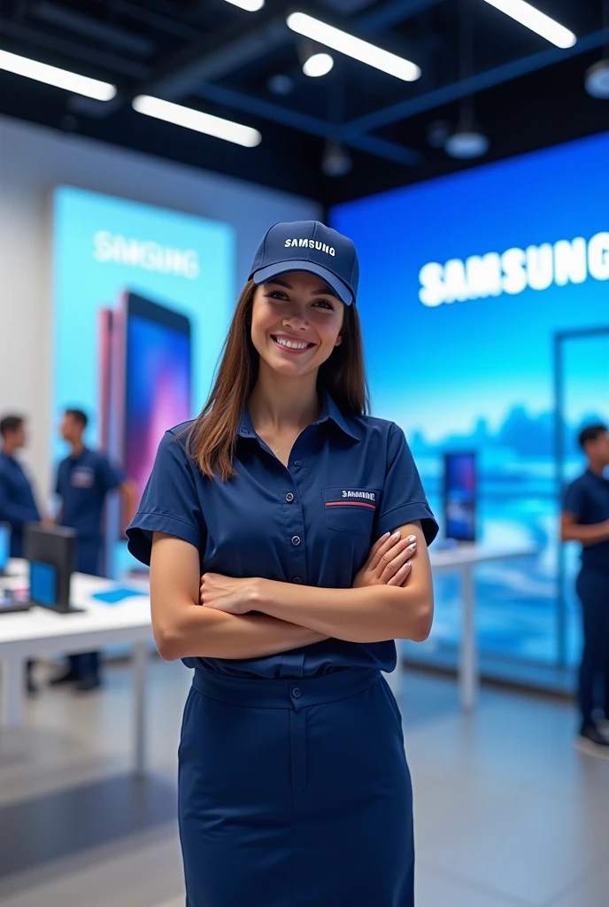 Generate an image for a recruitment poster. The poster should feature a sales promoter selling Samsung mobile phones. The promoter should look professional and enthusiastic, standing in a modern retail store. Include Samsung branding in the background, with a focus on mobile phones on display. Add the text 'Sales Promoter Needed for Samsung Mobiles' along with the contact number '7803053992' and the location 'Ambikapur, Korba, Raigad, Janjgir - Champa'. Make the poster eye-catching and professional