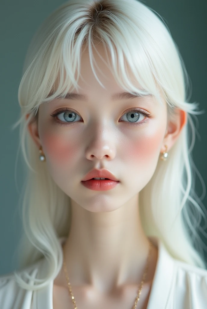 He is a man of delicate and feminine beauty, with an oval face with translucent and soft skin, slightly pinkish. Her thin, pink lips complement her sweet and gentle expression.. She has large blue-gray eyes and long, curved eyelashes that enhance her luminous gaze.. Her platinum blonde hair is straight and silky., hairstyle in a medium length with bangs that frame her forehead. With a slim figure of 1.72 meters and 60 kg, moves with grace and elegance, highlighting its delicate and harmonious nature.