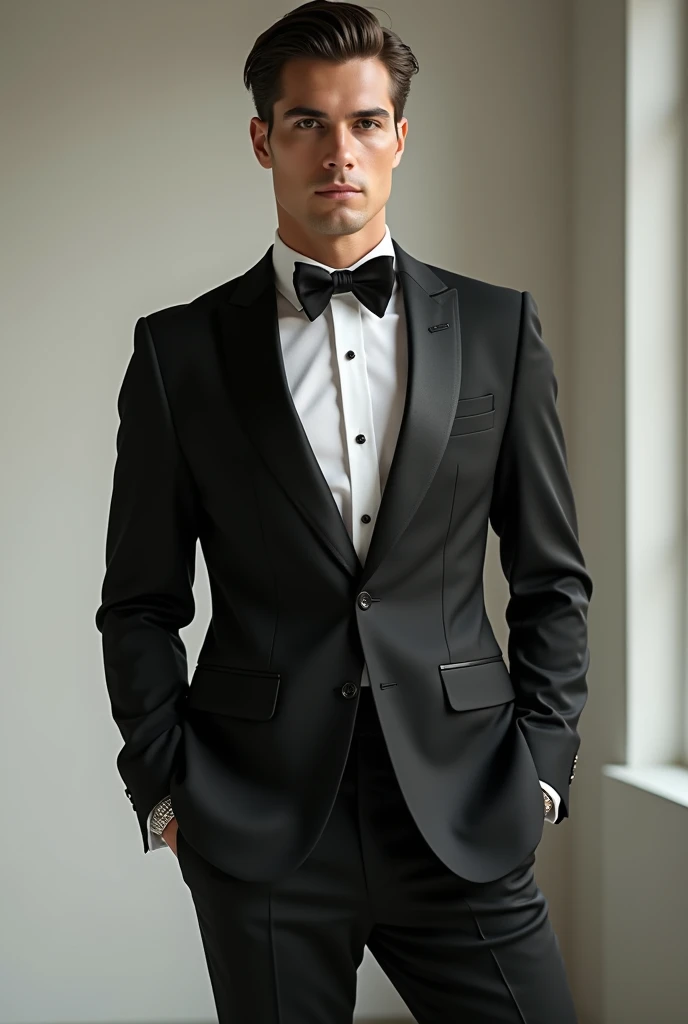 A handsome male model posing in tuxedo photoshoot