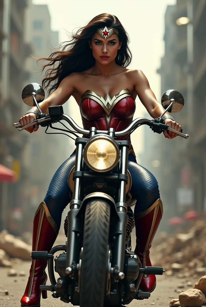 A beautiful woman Adriana Lima under the mantle of the Amazon warrior Wonder Woman red corset and navy blue pants with scales diaema in silver metal with a red star on her forehead long red boots up to her knees this beautiful woman is on her big motorcycle through the streets of an Apocalyptic city