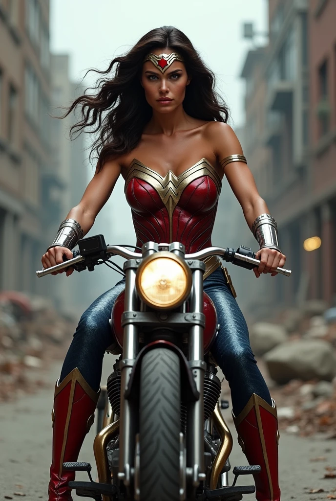 A beautiful woman Adriana Lima under the mantle of the Amazon warrior Wonder Woman red corset and navy blue pants with scales diaema in silver metal with a red star on her forehead long red boots up to her knees this beautiful woman is on her big motorcycle through the streets of an Apocalyptic city