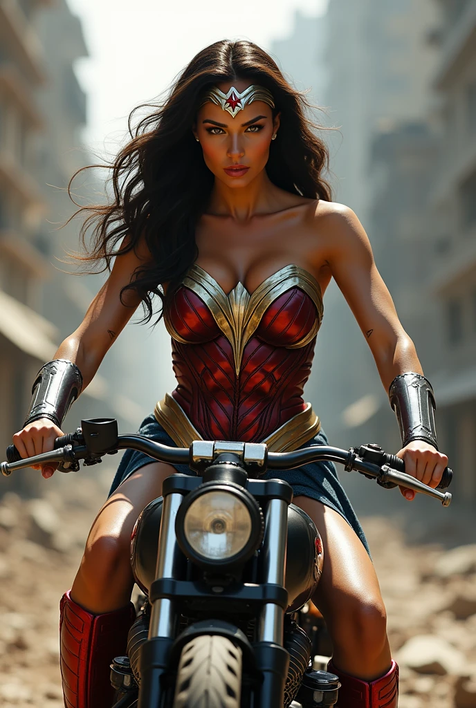 Wonder woman (beautiful (young) woman), perfect physique, slender and graceful forms, large imposing breasts, charming modesty, perfection (shy) wearing a revealing lace-up top and tight-fitting fine lace shorts [elegant], drives a futuristic motorcycle  flying above the road.   8K resolution, full length shot 