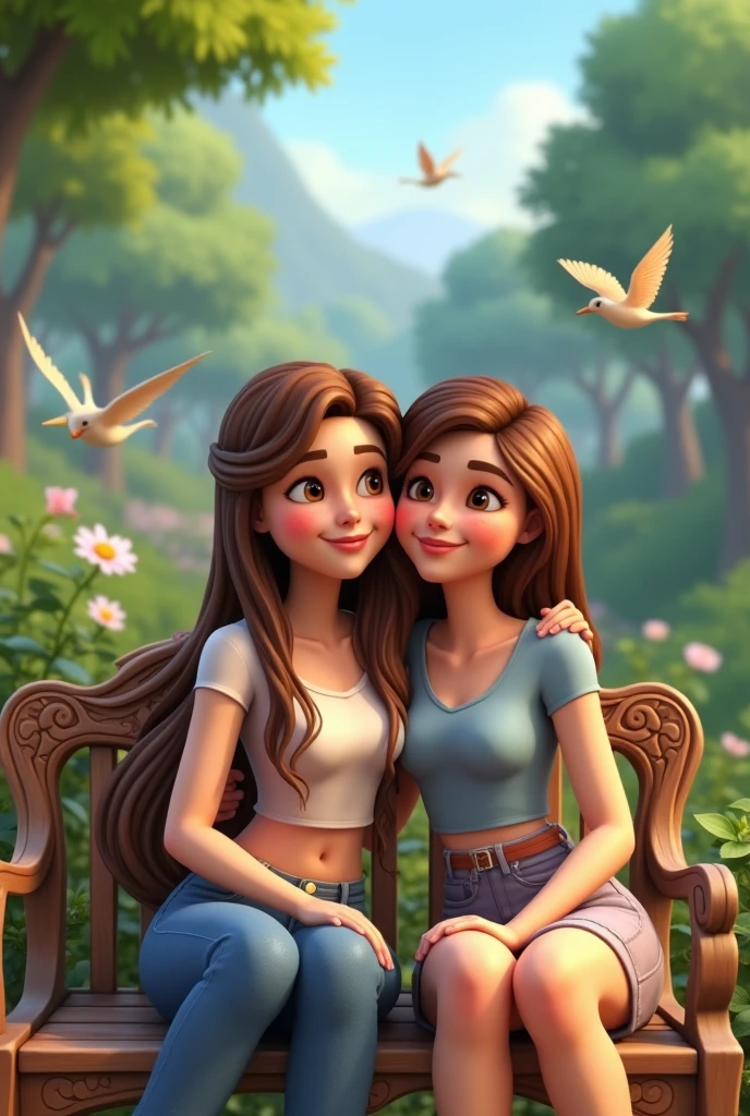Rebecca Patricia Armstrong and Freen Sarocha with different hairstyles, sitting on a bench and Rebecca resting her body between Freen's arms while looking at the camera and smiling with beautiful scenery in the background and birds flying in sims animation.