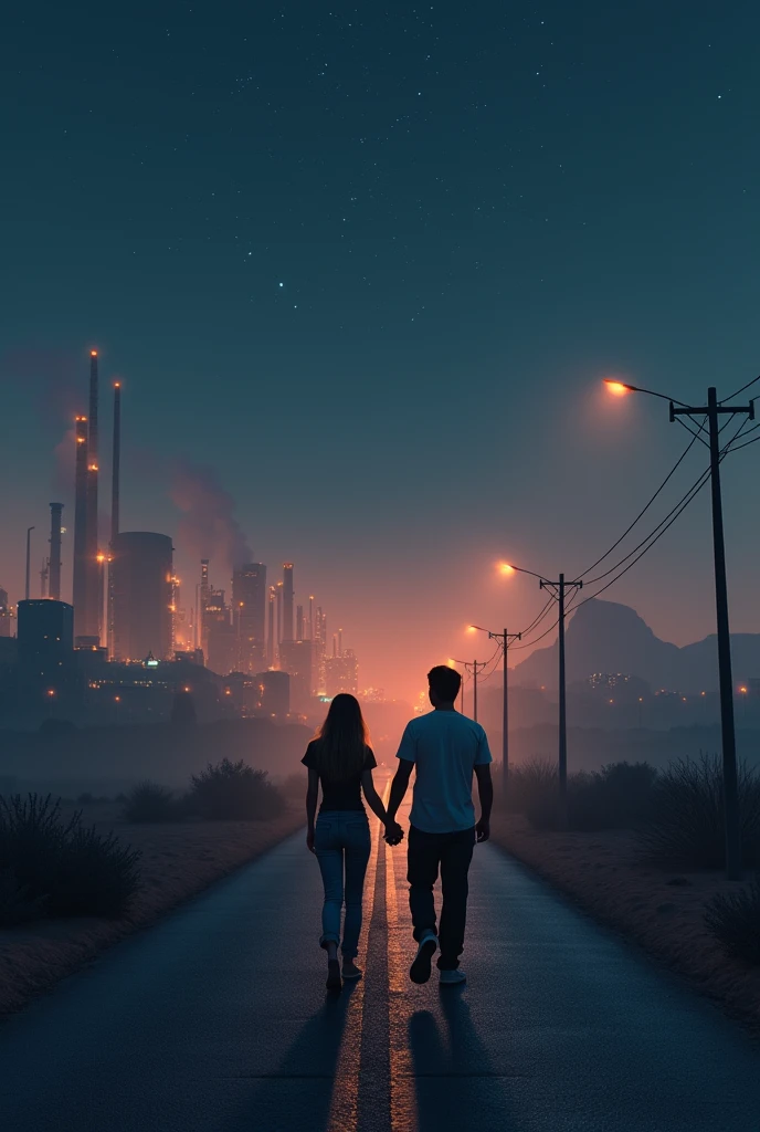 Desert factory road in the night, one side factories and city other side desert with bushes, starry night, couple walking holding each others hand, light foggy, sodium street light, mystic feel, lone road, beautiful girl- hight 5'2" weight 55 kg wearing jeans and tops, man 5'7" weight 85 kg with silky straight hair, wearing cargo pant and t-shirt