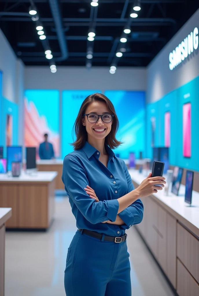 Generate an image for a recruitment poster. The poster should feature a sales promoter selling Samsung mobile phones. The promoter should look professional and enthusiastic, standing in a modern retail store. Include Samsung branding in the background, with a focus on mobile phones on display. Add the text 'Sales Promoter Needed for Samsung Mobiles' along with the contact number '7803053992' and the location 'Ambikapur, Korba, Raigad, Janjgir - Champa'. Make the poster eye-catching and professional