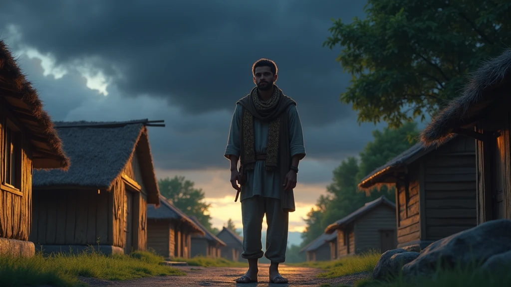 A humble-looking young man stands on the edge of a small isolated village, surrounded by dense forests. The sky is cloudy, with signs of a storm approaching. The village is simple, with wooden houses and narrow paths, reflecting a peaceful yet secluded life. (Shiny Egyptian Ornaments),High Resolution,Sharp Focus,(Ultra Detailed,Extremely Detailed), (Boy),(Photorealistic Art:1.37),(Extremely Detailed CG Unity 8k Wallpaper),(((Vibrant Colors,Vibrant Theme))),(Intricate),(Artwork),(Best Quality),Artistic Photography,(Photograph Taken By Sldr),(Intricate Background),Perfect Rendered Face,Perfect Face Details,Realistic Face,Photorealistic,(((Intricate Detail)),(((Realism)))
