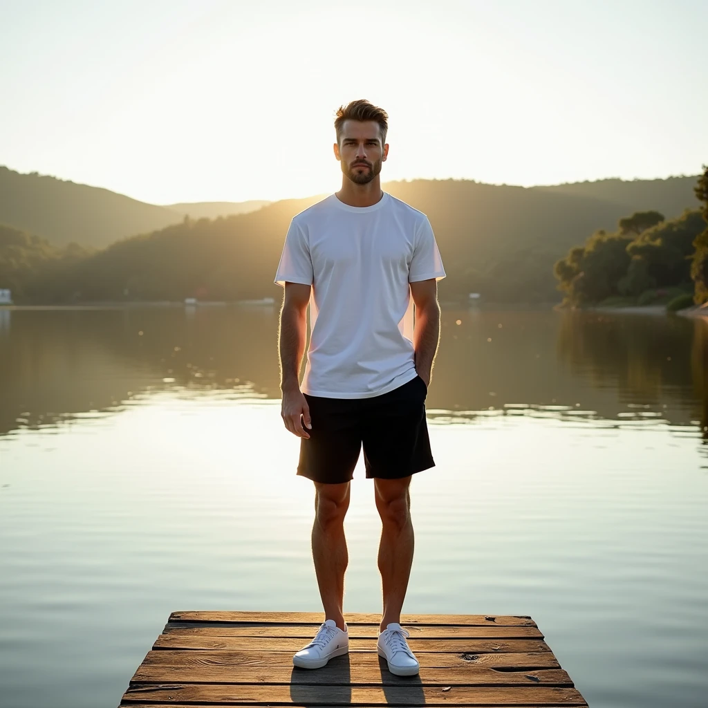 A white man, aged 36, model type, with short dark hair, with clear eyes, wearing white shirt, Black shorts, tennis, on top of a pier on a lake in Alentejo, at daybreak.