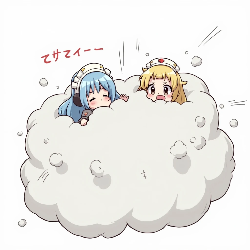 maid nurse fighting playfully in a comical light gray battle cloud, anime style illustration, different hair colors, only faces hands and feet visible emerging from cloud, humorous energetic scuffle, fluffy exaggerated battle cloud