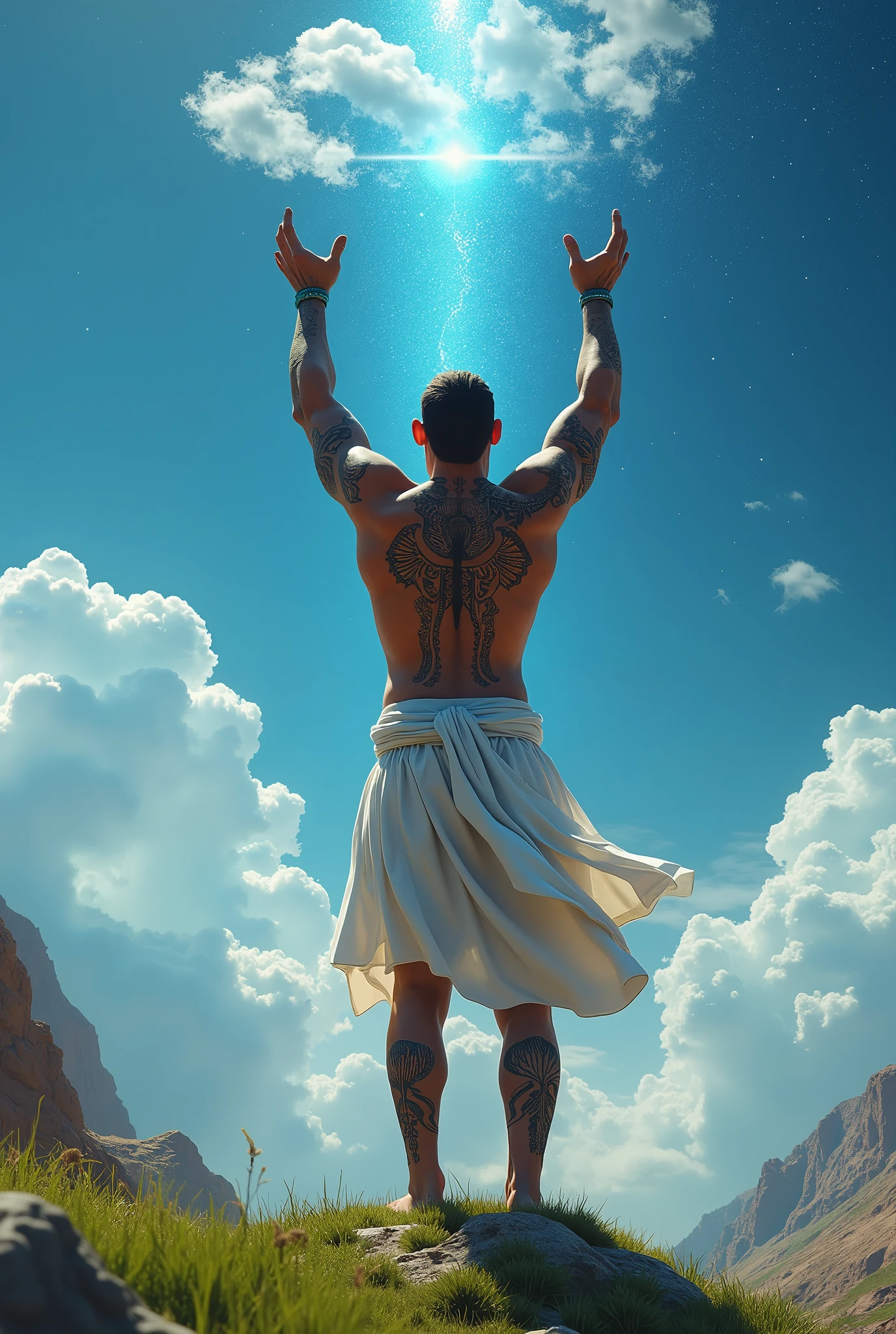 Depict Shu in the dramatic act of separating the sky from the earth in Egyptian mythology. Shu is shown with his arms extended upward, holding the sky, his muscles tensed with the divine effort. His attire is minimal, with a simple white kilt, and his body is covered in symbolic tattoos representing air and breath. The earth below him is lush and green, while the sky above is a vibrant blue with stars just beginning to appear. Use masterpiece, best quality, CG, wallpaper, HDR, high quality, ultra detailed face, cinematic, high detail, 8k, raw, high, artstation HQ, unreal engine, octane renderer, 4k resolution, hyperrealistic, highly detailed, and absurdres settings