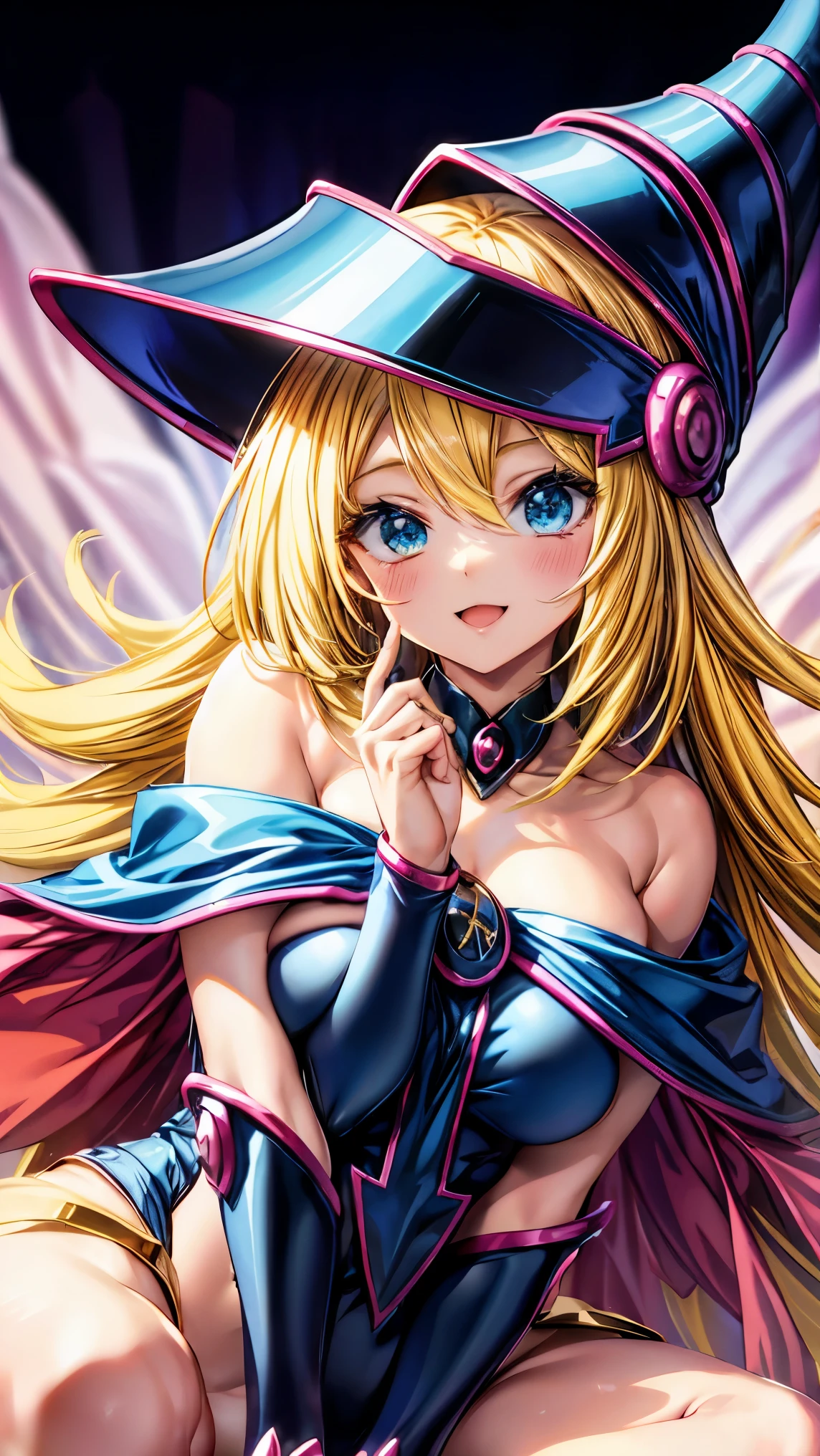 Very detailed、of the highest quality、Better image quality、masterpiece、8k、anime face、a kind smile、open the mouth、blonde hair color、black magician girl, naked