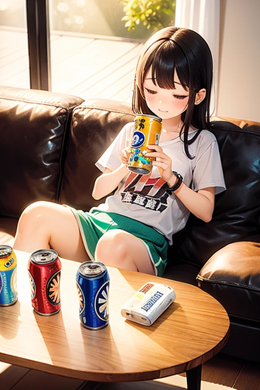 For one-person sofa,Sit down,Dozing off,Chibi Character,On the table,Energy drink cans