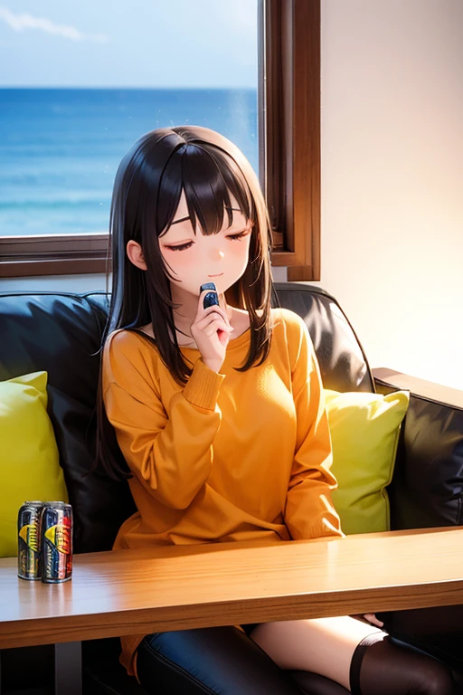 For one-person sofa,Sit down,Dozing off,Chibi Character,On the table,Energy drink cans