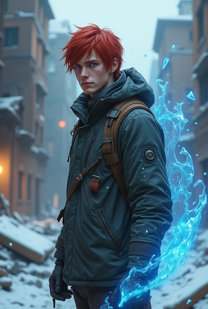 PICTURE REALISTIC; young man between 2, Red-Haired, medium long hair, offwhite, violet eyes, warm clothing, and using ice powers, post apocalyptic background scenario 