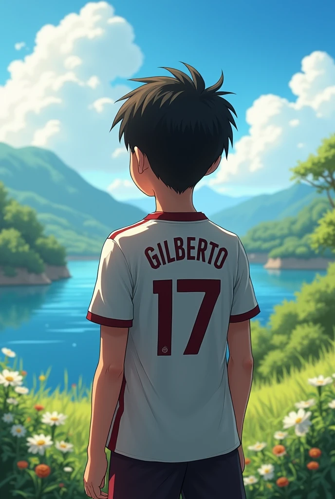 Photography in better quality, ((masterpiece))
A 1 boy is on his back, On his back he has the name Gilberto and the number 17 below on his soccer jersey.
The boy is standing with his back turned, observing a beautiful side, He has black brown hair