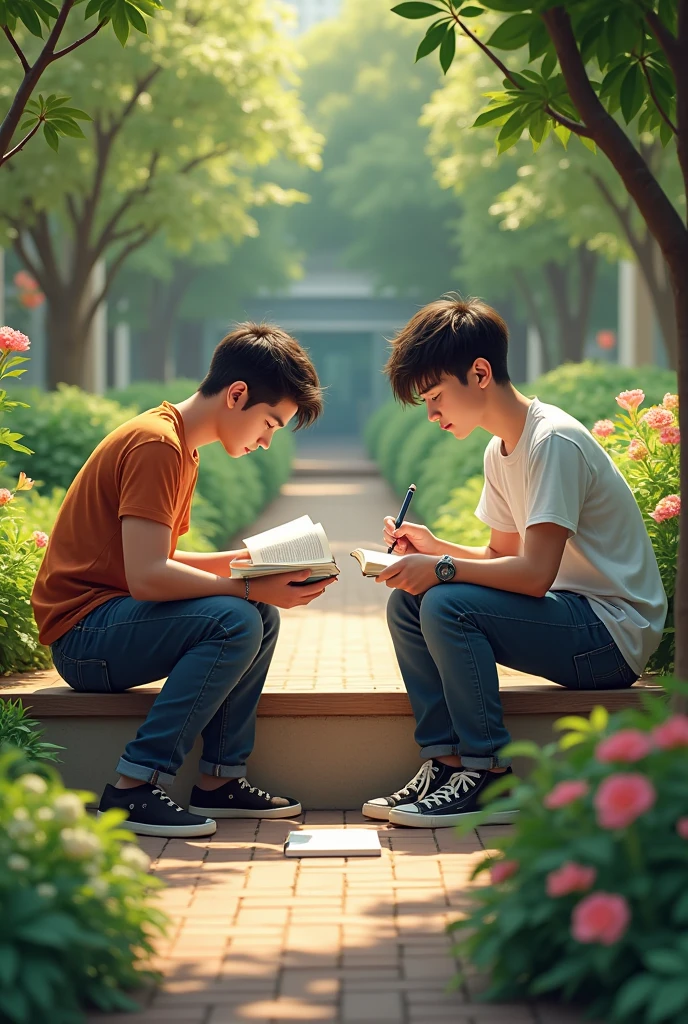 Two boy's are Degree student boy's has be taking to the result, in sitting to garden with book's