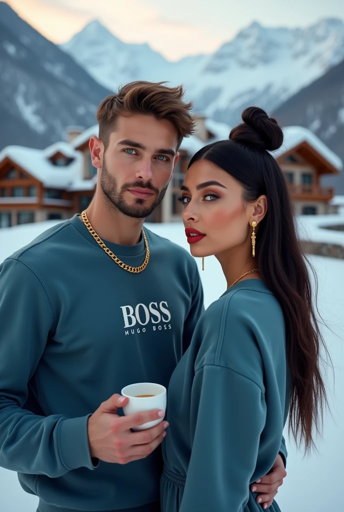 Usando cordao fino de ouro com uma águia Usando Moletom unissex Gola Careca Blusa De Frio Básico Sem Capuz na sea blue , Hugo Boss 3D print in front of a luxurious house in Switzerland with snow and a cup of cappuccino in his hand gold watch , dynamic poses , Youngh,grown-up,beautiful tall,offwhite,German, green eyess,beard made, athletic body,short hair kissing young man, Photo far away In action poses Wearing Unisex Sweatshirt Crew Neck Basic Cold Weather Top Without Hood in (sea blue) estampa Hugo Boss 3D em frente a um casa luxuosa na Suiça com neve com um copo de capuccino na mão dynamic poses uma jovem adulta linda branca, green eyes , illuminated nose using gold eyeshadow red lipstick, well made up, long and very straight hair,make her hair in a very high bun black, wearing gold accessories, thin gold necklace ,Small Gold Eagle Earring.